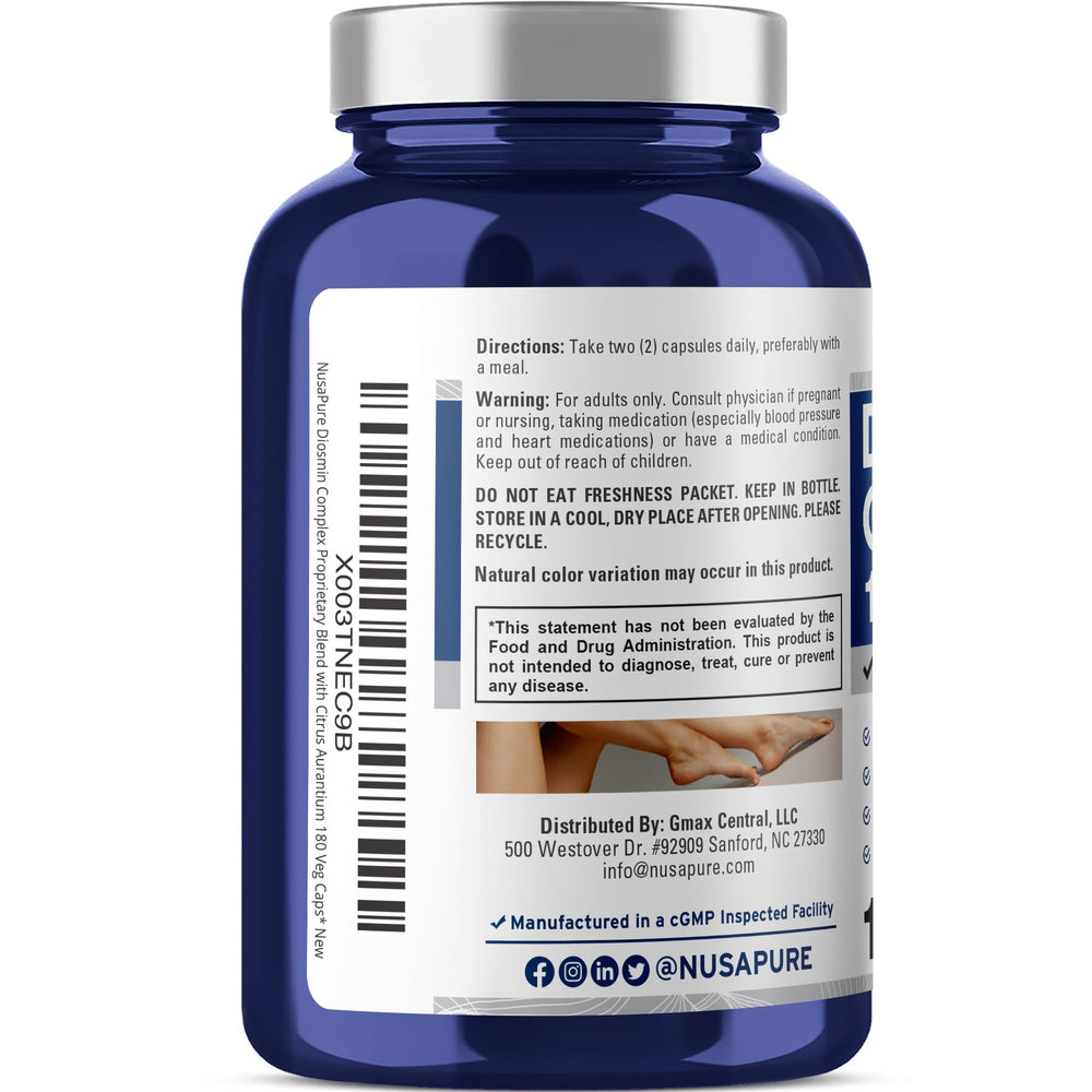 NusaPure Diosmin Complex bottle back label showing dosage and servings.