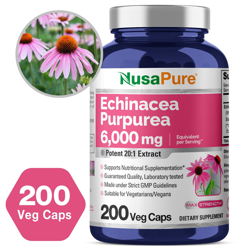 NusaPure Echinacea capsules in a glass bottle for daily use.