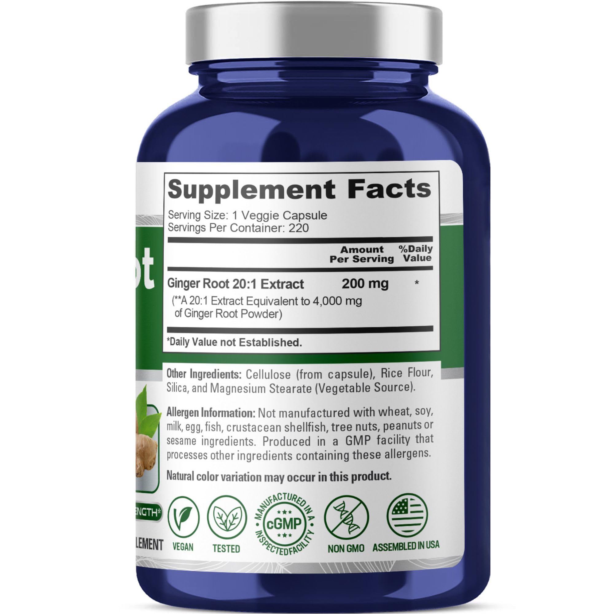 NusaPure Ginger root extract 20:1 label close-up showing 4,000 mg equivalent.
