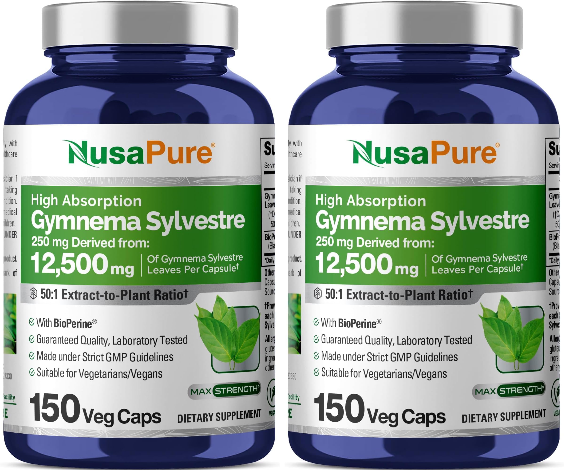 NusaPure Gymnema Sylvestre 50:1 extract bottle highlighting high absorption for daily use.
