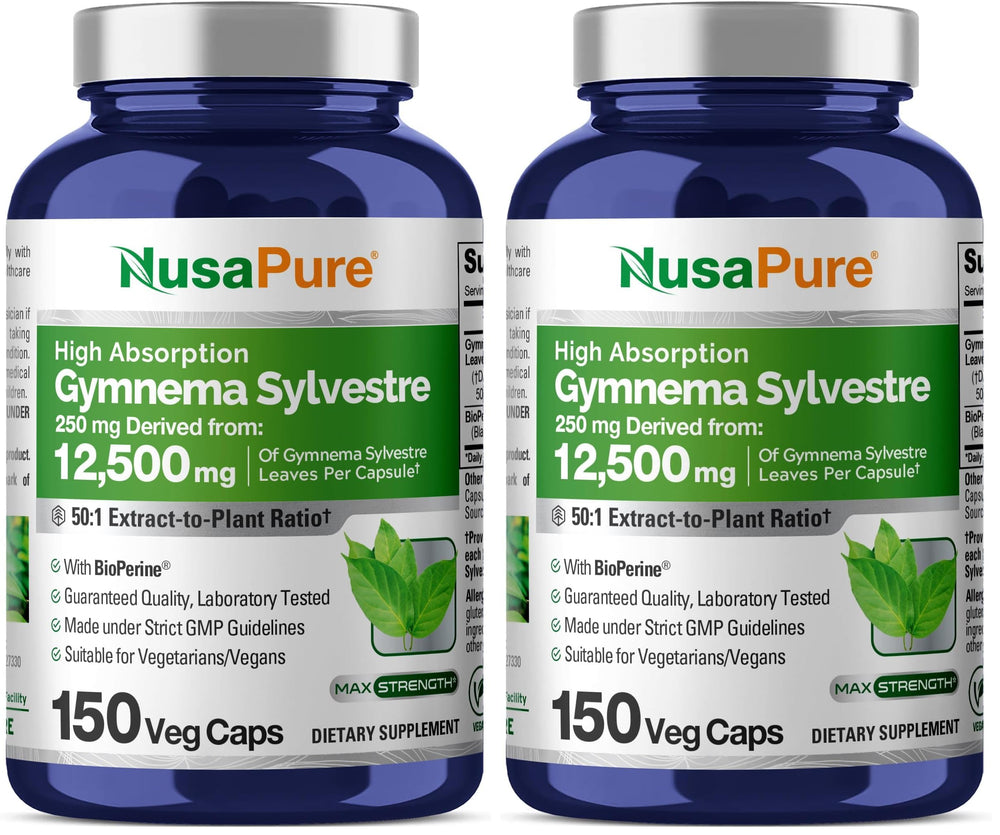 NusaPure Gymnema Sylvestre 50:1 extract bottle highlighting high absorption for daily use.