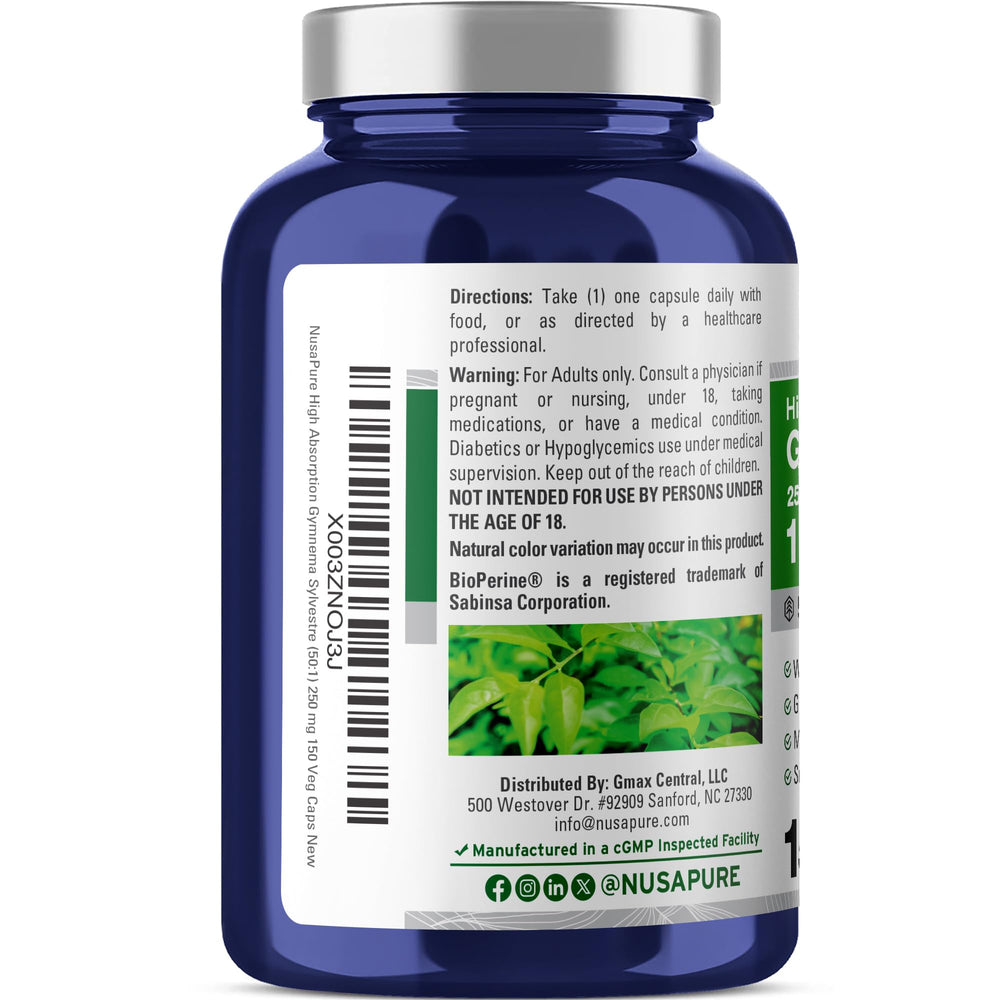 Close-up of NusaPure Gymnema Sylvestre label showing leaf-equivalent potency.