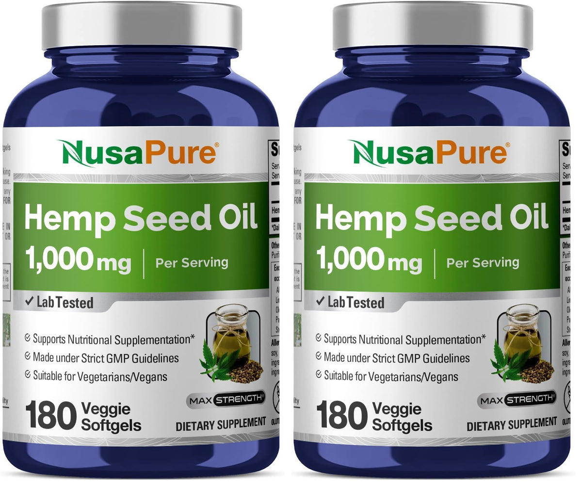 NusaPure hemp oil capsules bottle front for daily vegan wellness.