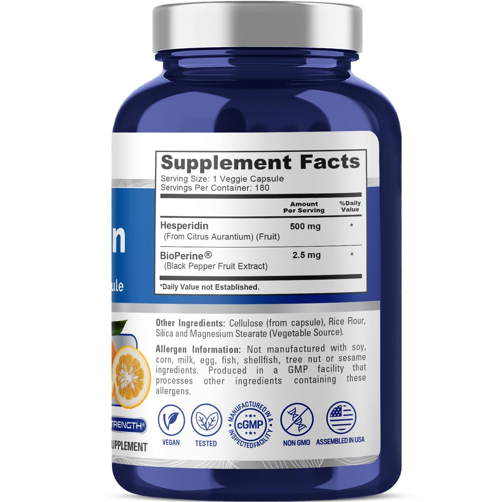 NusaPure Hesperidin bottle label highlights non-GMO and vegan features.