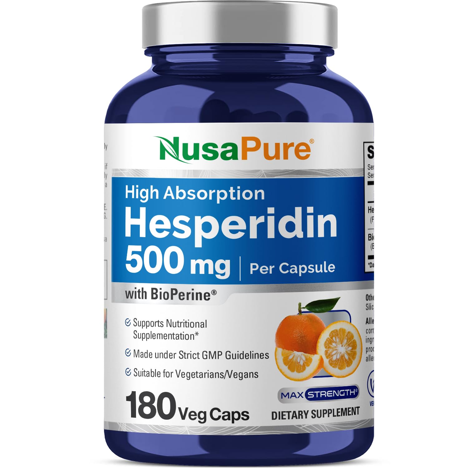 NusaPure Hesperidin 500mg veggie capsules bottle front for daily wellness.