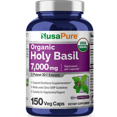 NusaPure Holy Basil capsules bottle shows a 150-count vegan supplement.