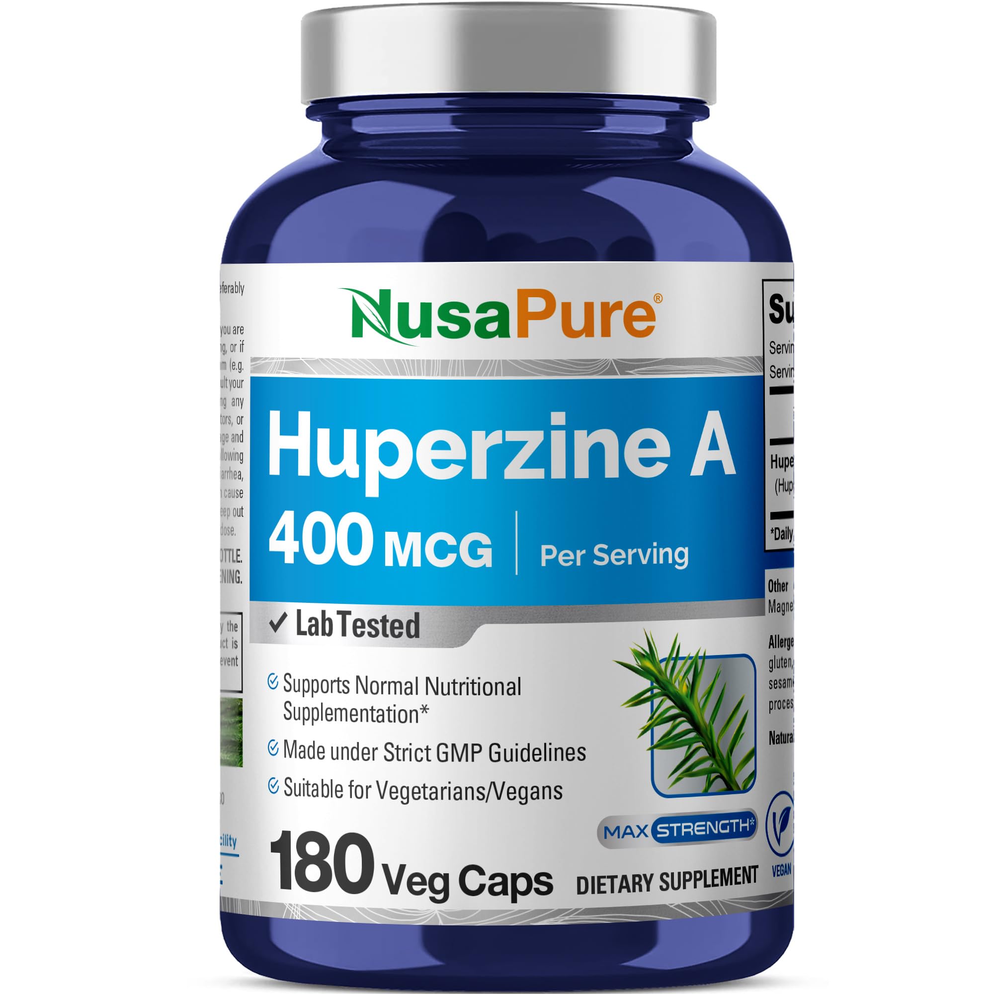 NusaPure Huperzine A 400mcg bottle hero for daily cognitive support.
