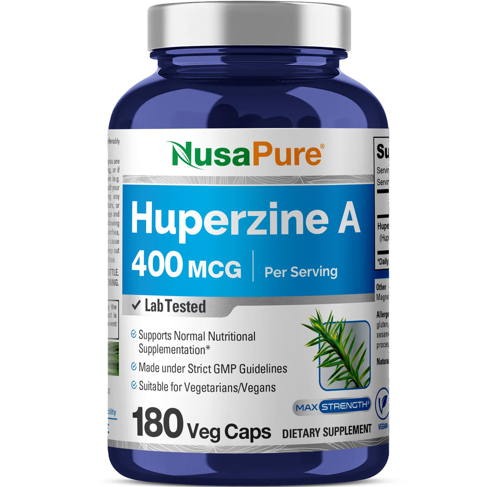 NusaPure Huperzine A 400mcg bottle hero for daily cognitive support.