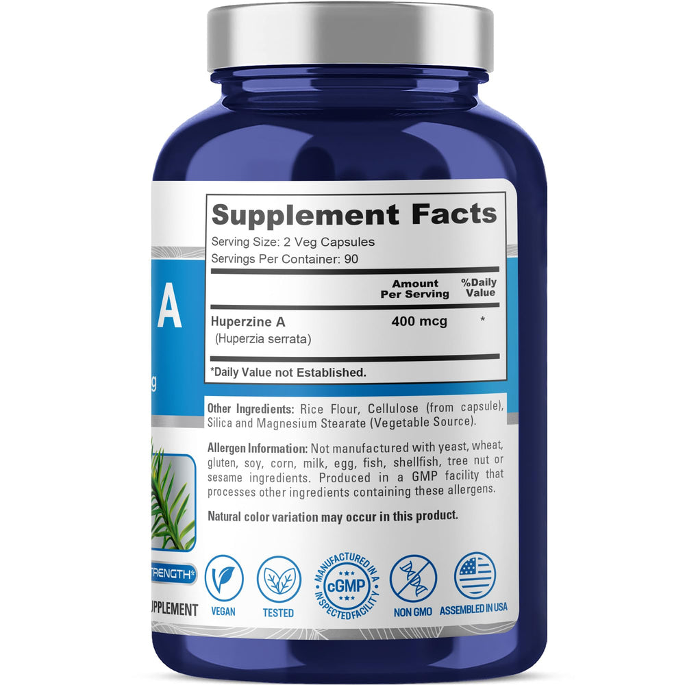 NusaPure Huperzine A capsules pour showing easy-to-take vegetarian capsules.