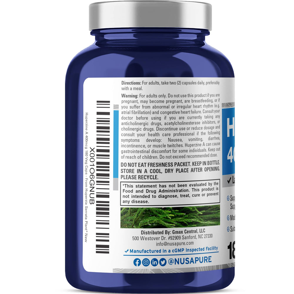 NusaPure Huperzine A label closeup highlighting quality sourcing and formulation integrity.