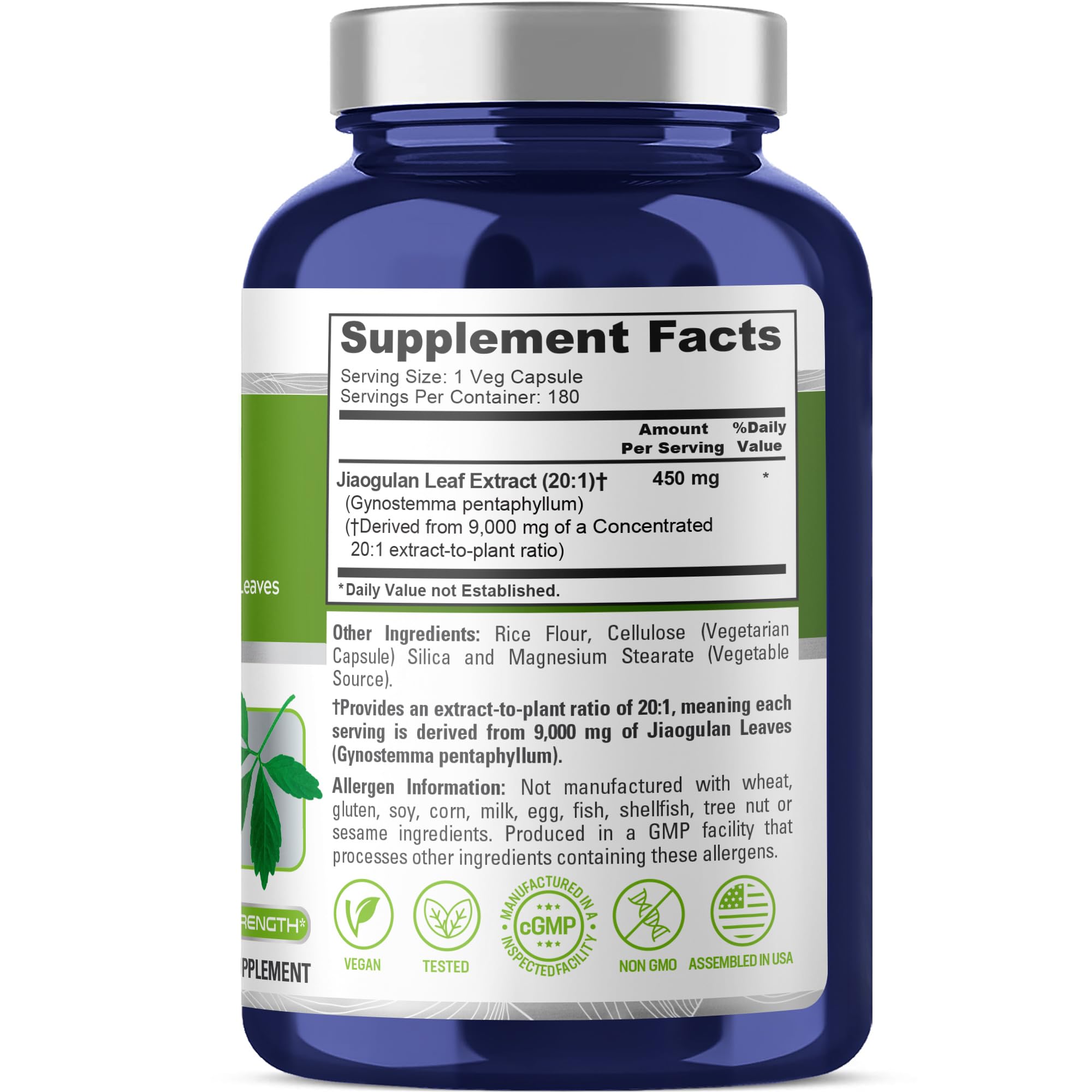 NusaPure Jiaogulan 450mg capsule closeup shows easy vegan capsules.