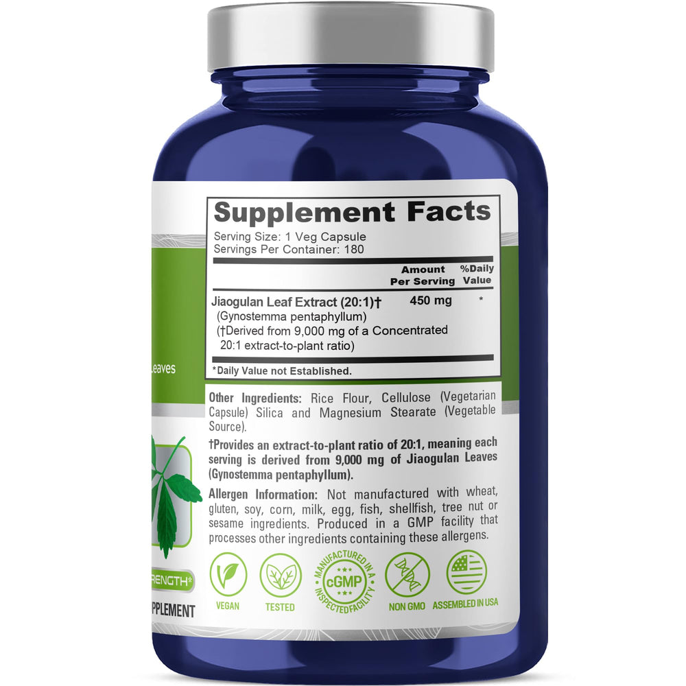 NusaPure Jiaogulan 450mg capsule closeup shows easy vegan capsules.