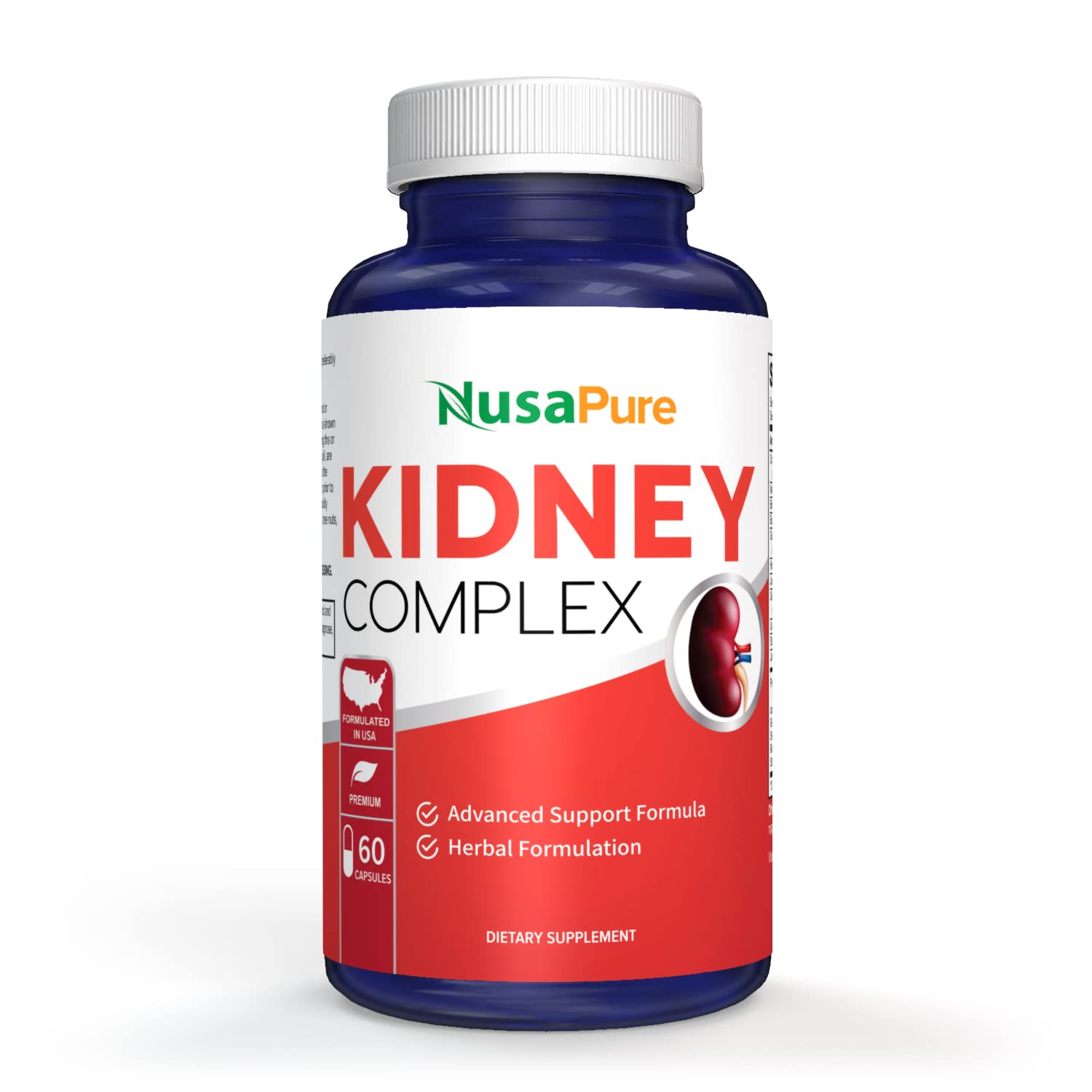 NusaPure Kidney Complex bottle front, premium packaging for daily wellness routines.
