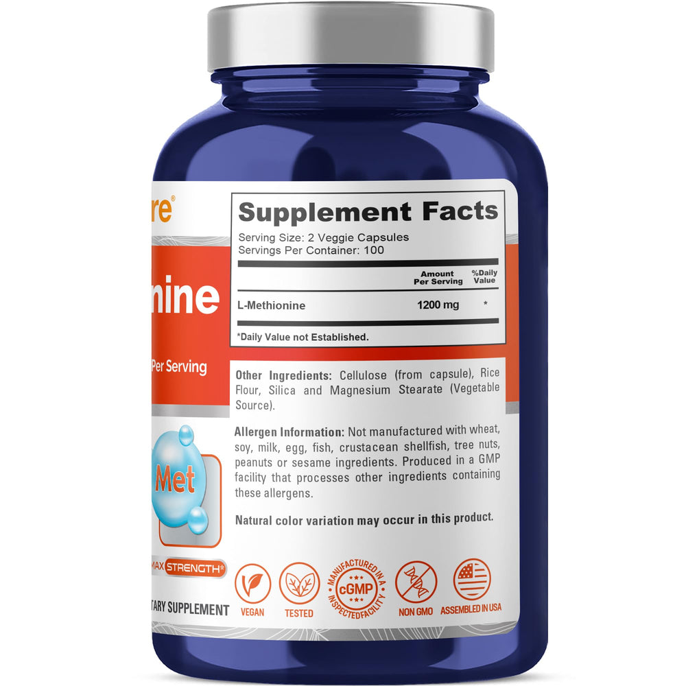 NusaPure L Methionine 1200mg bottle closeup highlighting clean, non-GMO formula