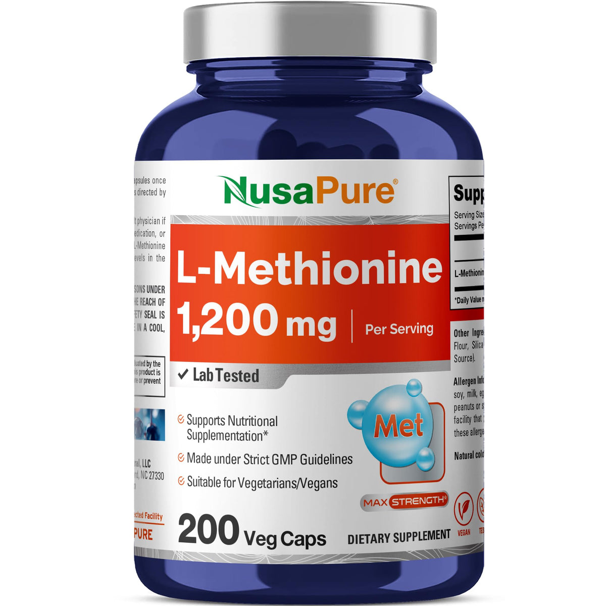 NusaPure L Methionine 1200mg capsules for convenient daily vegan support