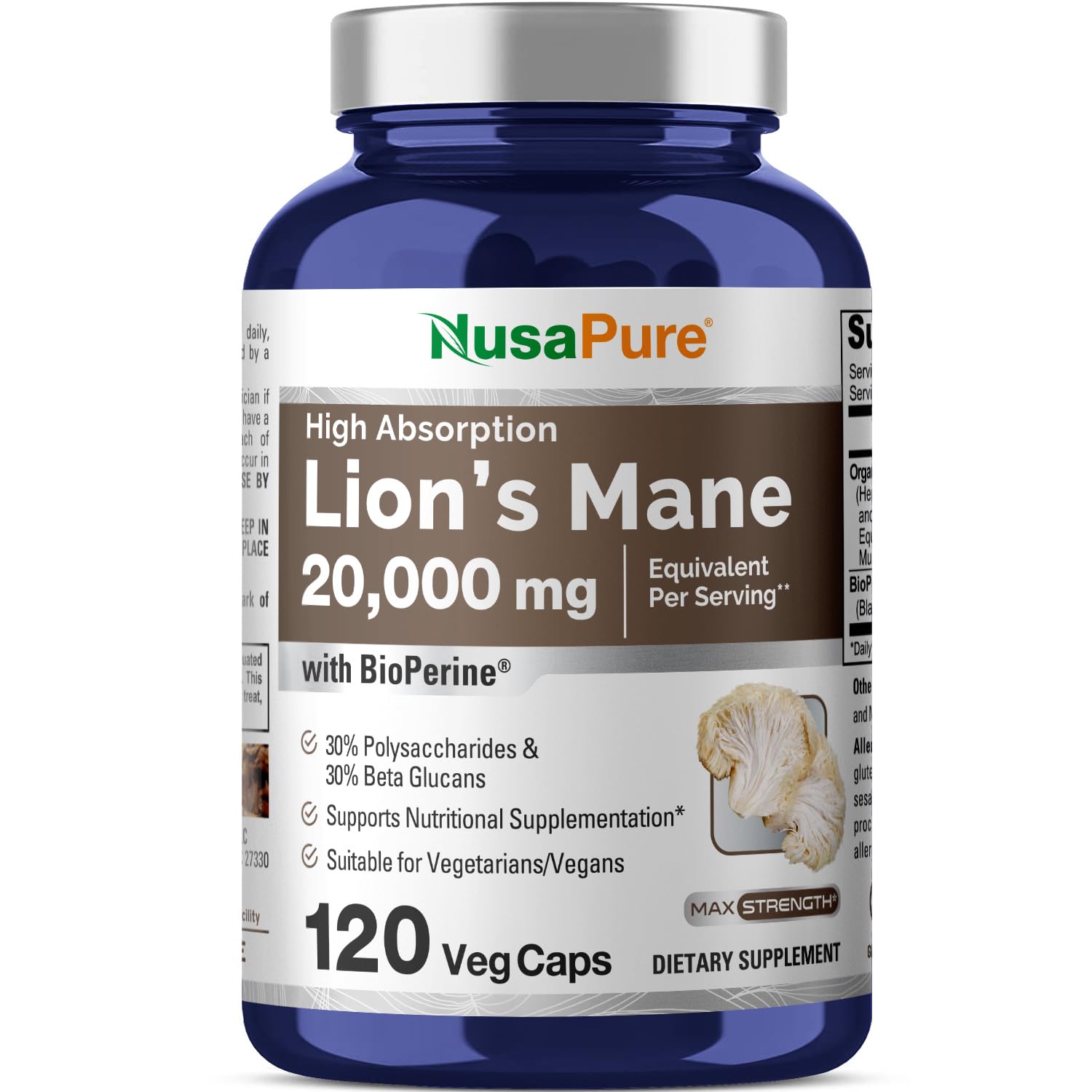 NusaPure Lions Mane 20:1 extract bottle suggests potential mental clarity support