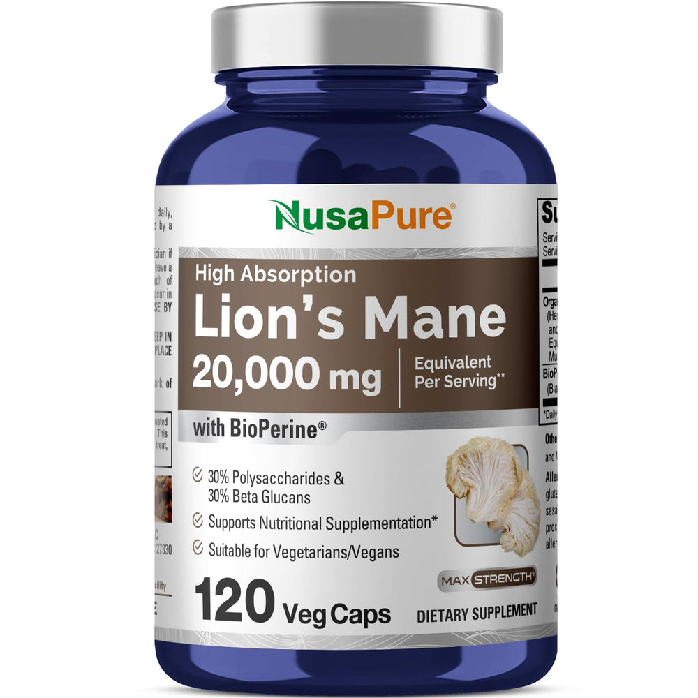 NusaPure Lions Mane 20:1 extract bottle suggests potential mental clarity support