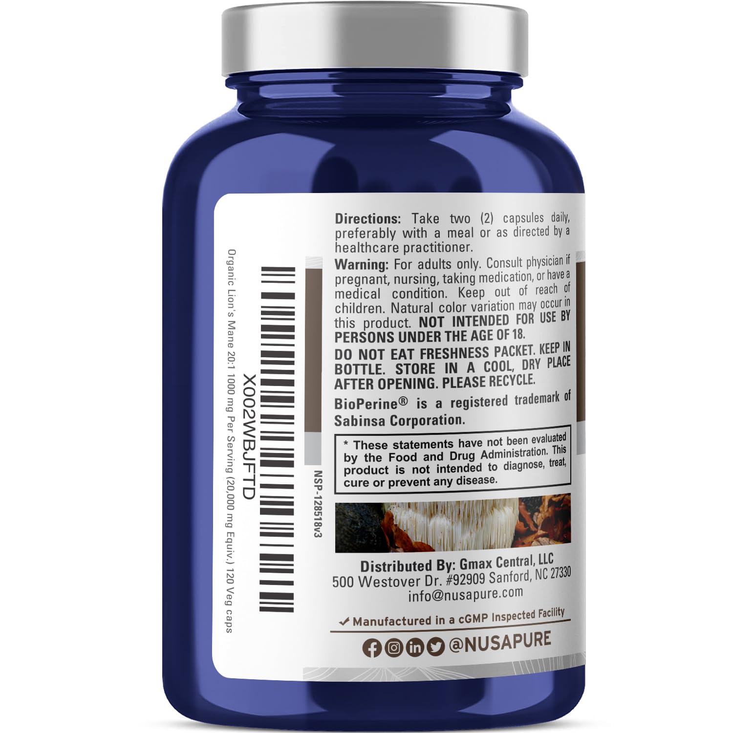 NusaPure Lions Mane bottle label closeup showing organic ingredients