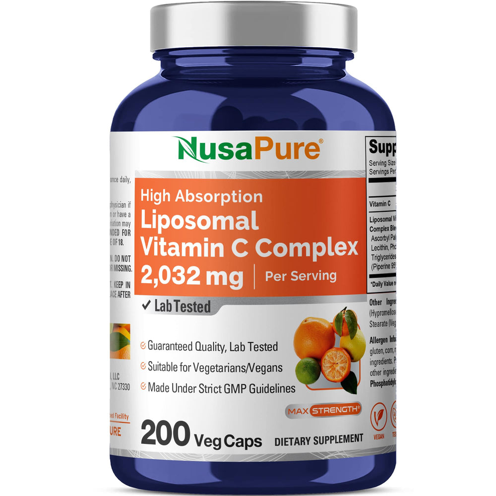 NusaPure Liposomal Vitamin C 2032mg bottle closeup showing a high-absorption formula.