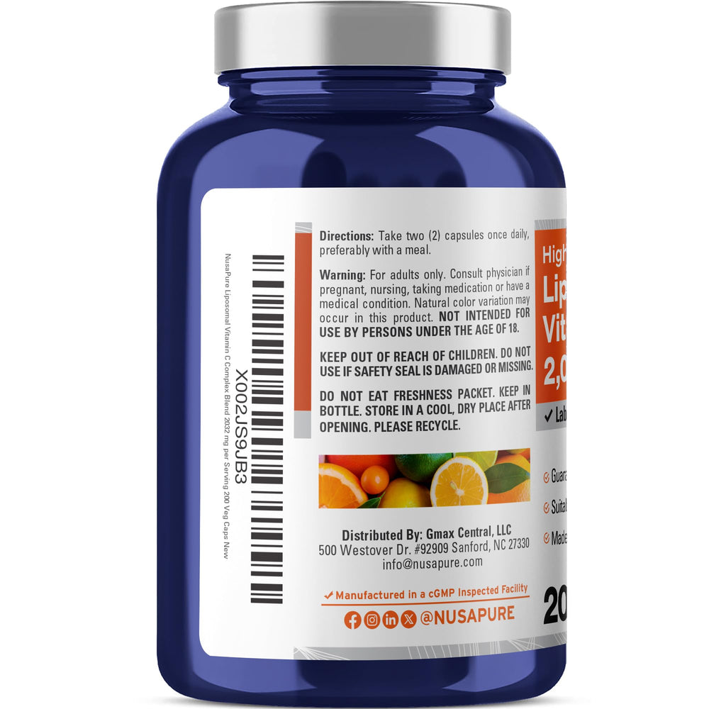 NusaPure Liposomal Vitamin C 2032mg label graphic highlights Bioperine for absorption.