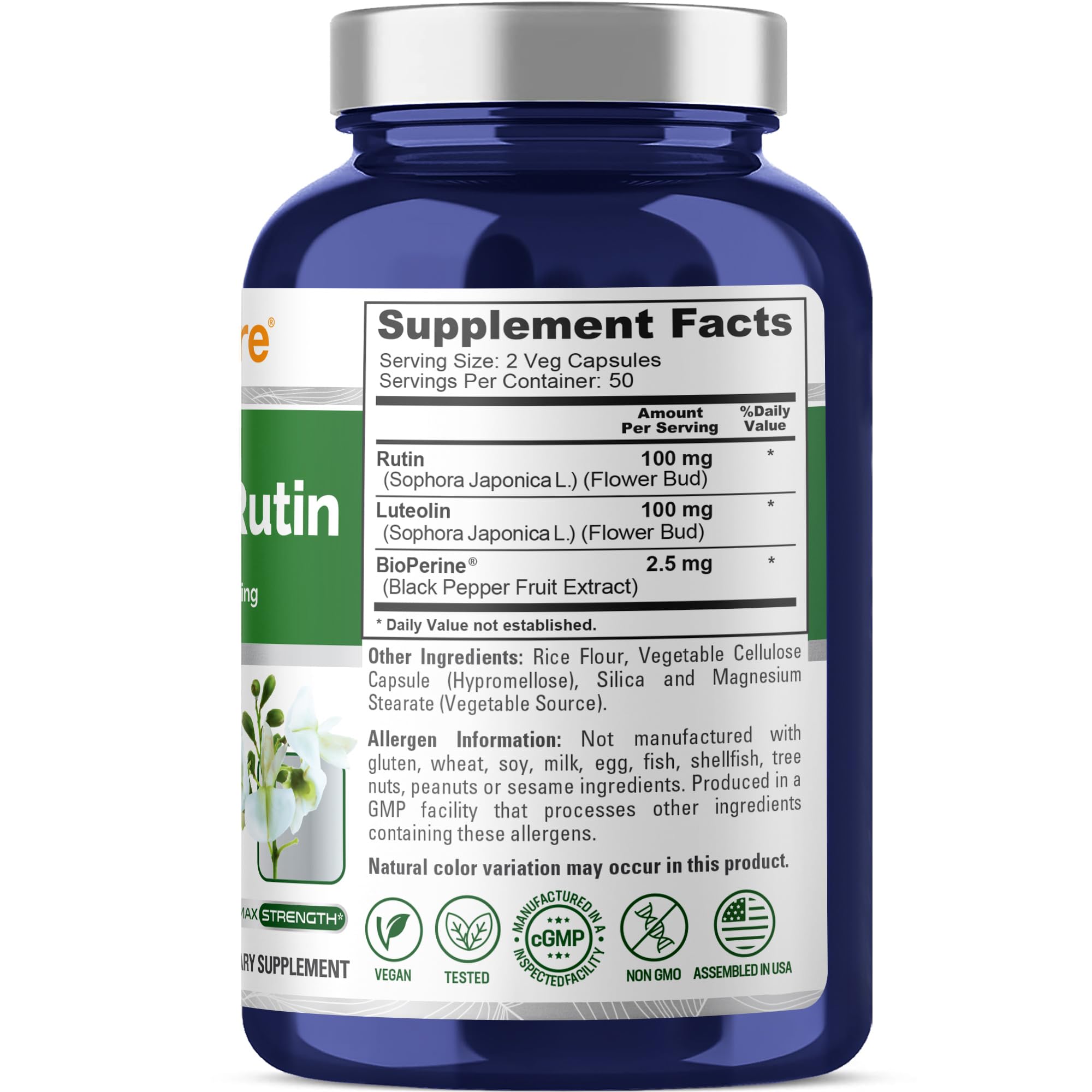 NusaPure Luteolin Complex capsules shown as vegan-friendly supplement.