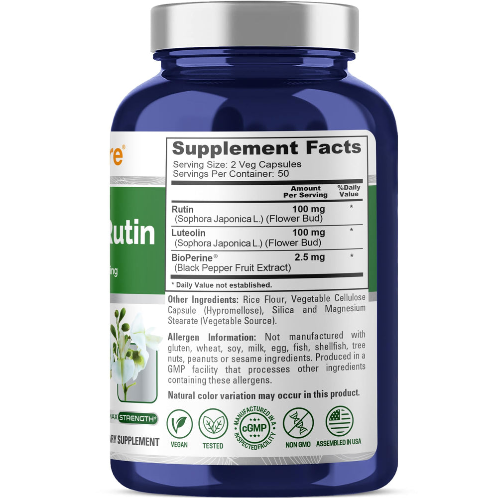 NusaPure Luteolin Complex capsules shown as vegan-friendly supplement.
