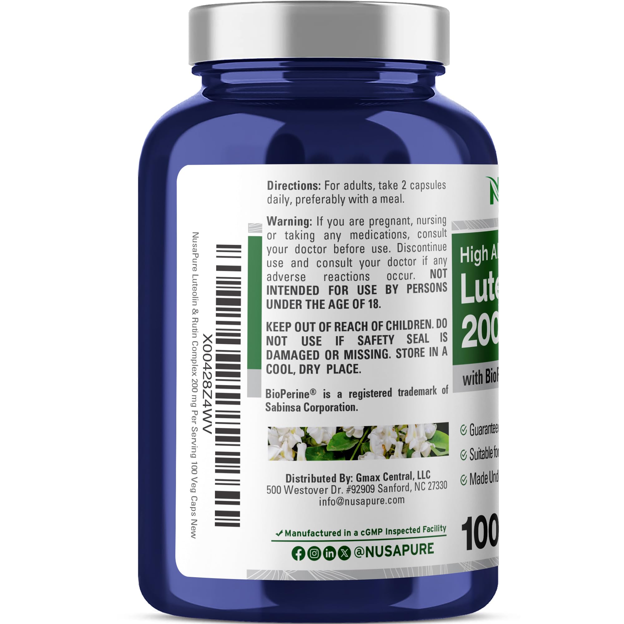 NusaPure Luteolin Complex label back highlights per-serving potency.
