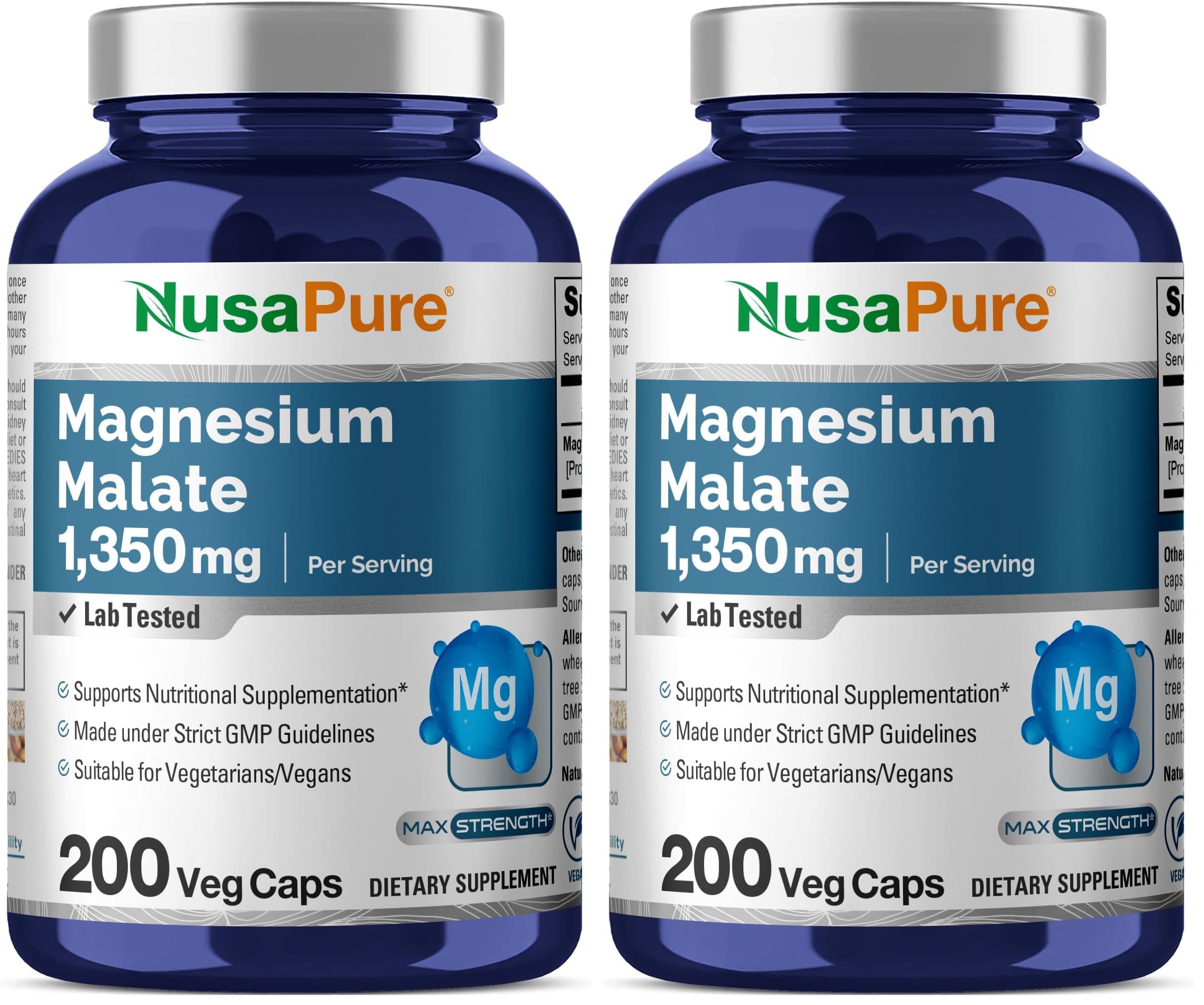 NusaPure Magnesium Malate 1350mg per serving bottle, highlighting potent daily mineral support for active adults