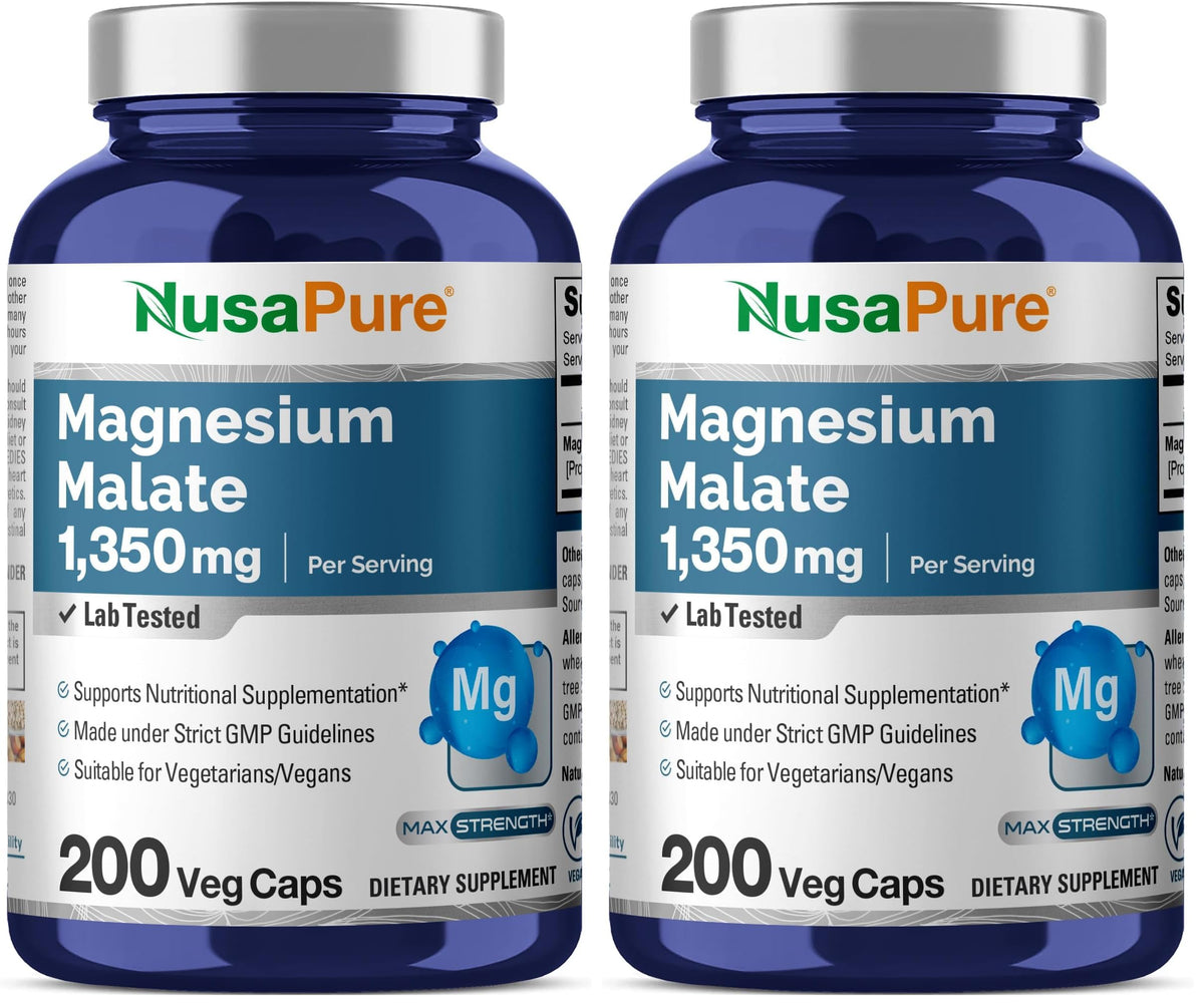 NusaPure Magnesium Malate 1350mg per serving bottle, highlighting potent daily mineral support for active adults