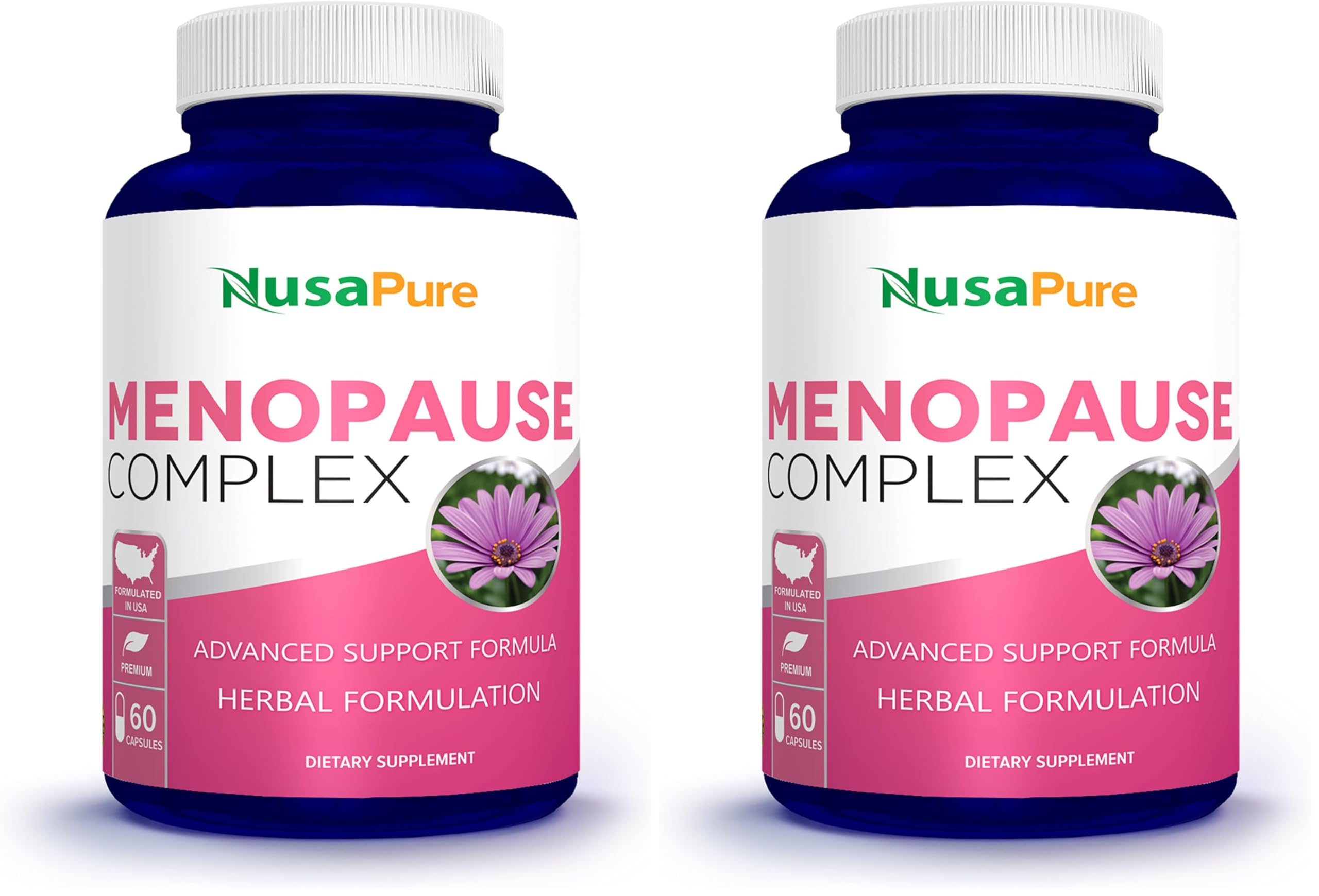 NusaPure Menopause Complex bottle front with capsules for daily support.
