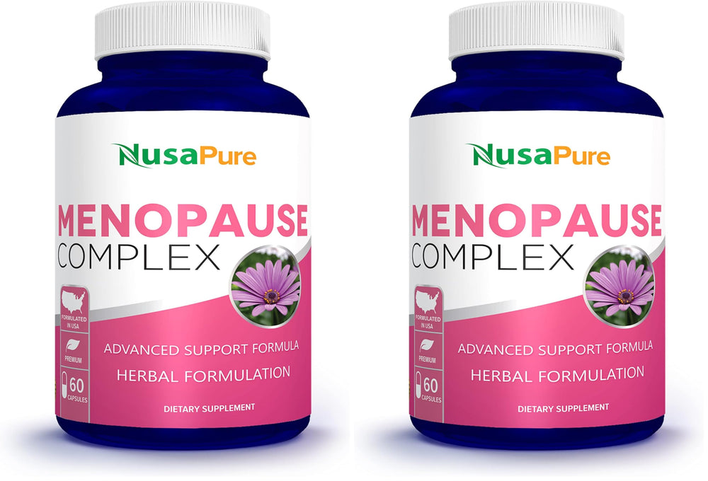 NusaPure Menopause Complex bottle front with capsules for daily support.