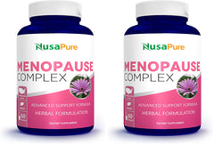 NusaPure Menopause Complex bottle front with capsules for daily support.