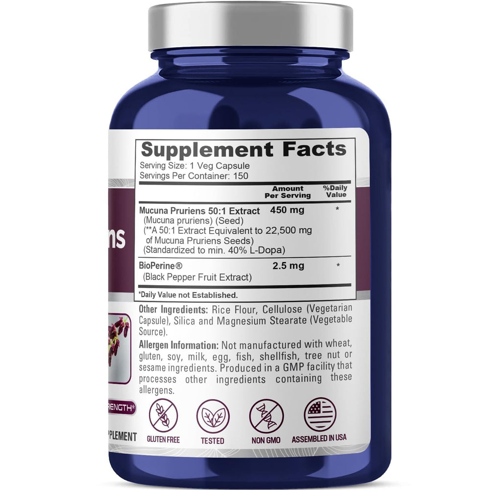 NusaPure Mucuna Pruriens bottle showing a 150 capsule pack for easy daily routines