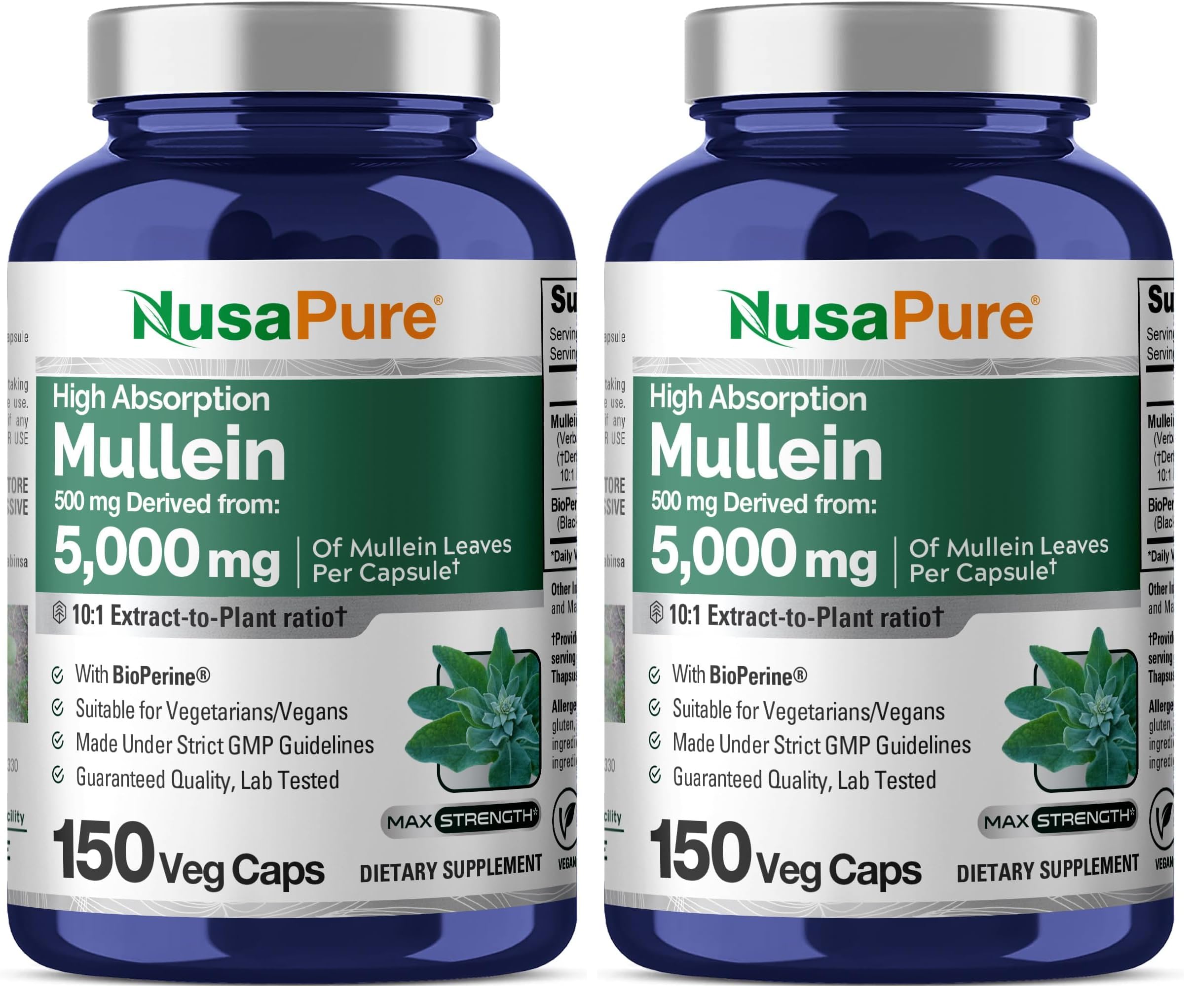 NusaPure Mullein Leaf Capsules bottle front, 10:1 extract for daily use.
