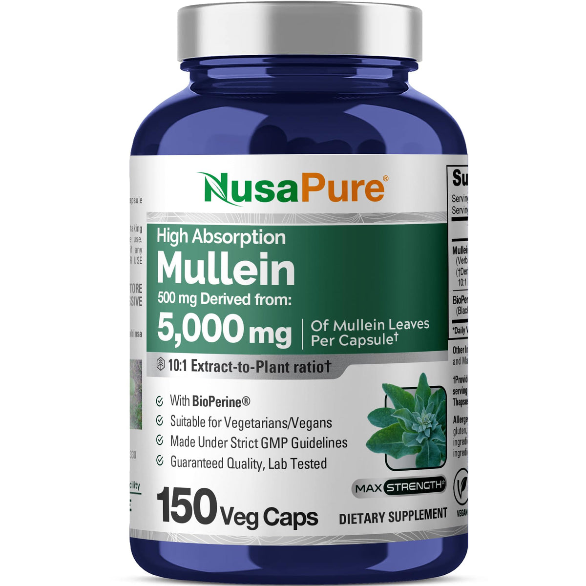 NusaPure Mullein Leaf Capsules front bottle for daily vegan use