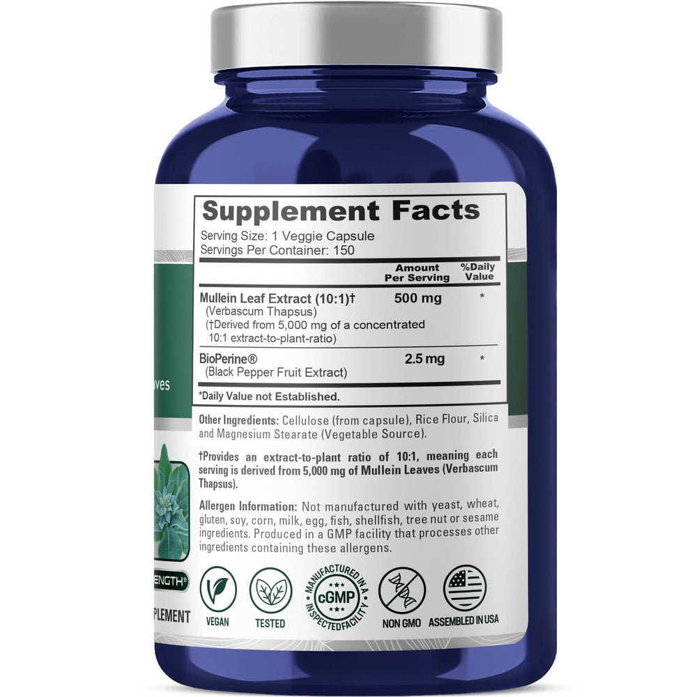 NusaPure Mullein Leaf Capsules inside bottle with easy-to-swallow capsules
