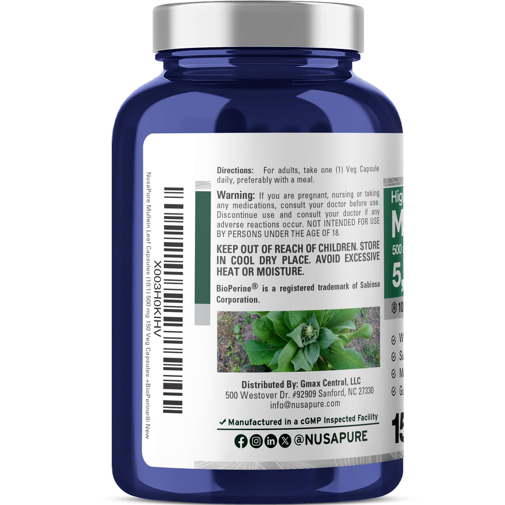 NusaPure Mullein Leaf Capsules label closeup highlighting 10:1 extract