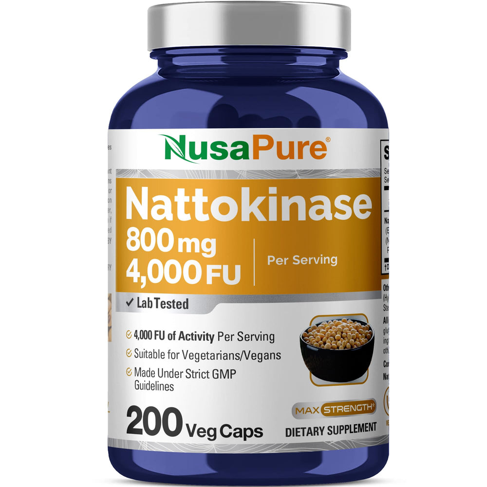 NusaPure nattokinase 800mg bottle front, convenient daily supplement option.