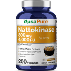 NusaPure nattokinase 800mg bottle front, convenient daily supplement option.