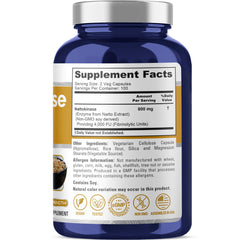 NusaPure nattokinase 800mg bottle label, highlights vegan, non-GMO formulation.