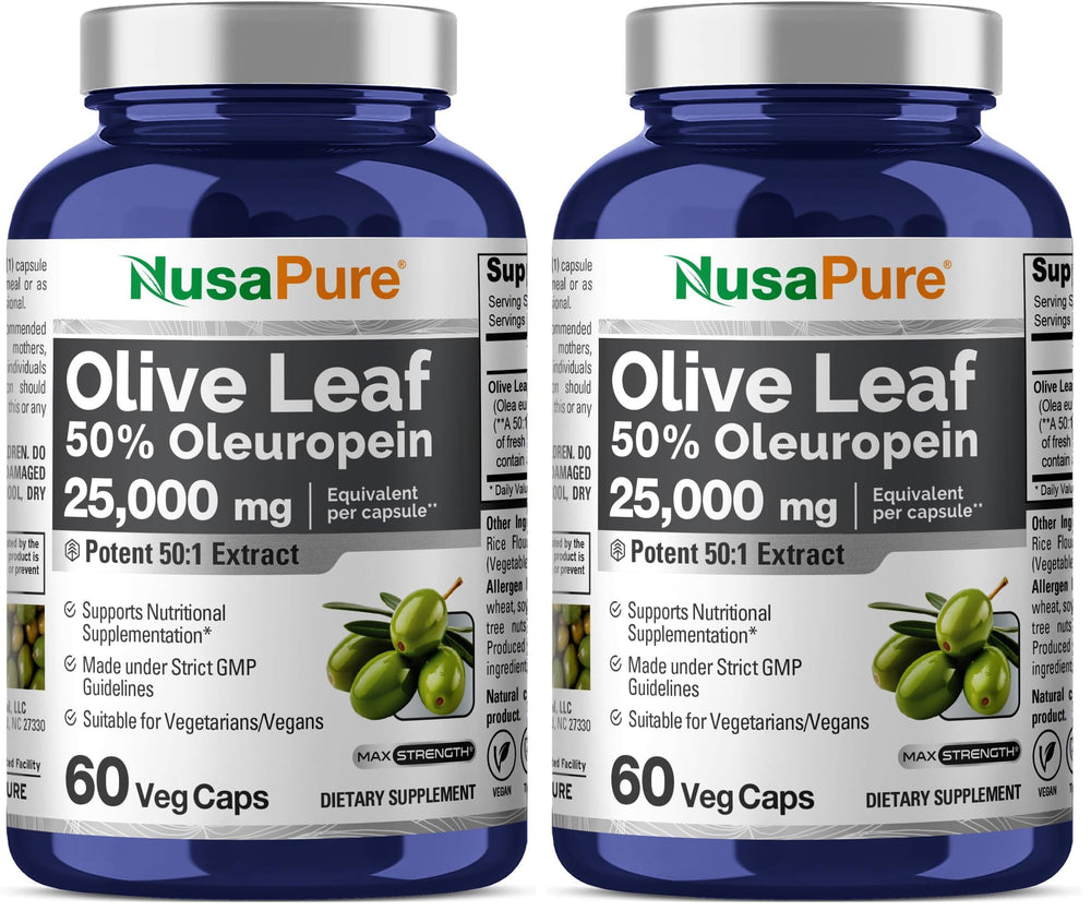 NusaPure Olive Leaf 50:1 extract bottle highlights potent vegan capsules for daily support.