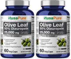 NusaPure Olive Leaf 50:1 extract bottle highlights potent vegan capsules for daily support.