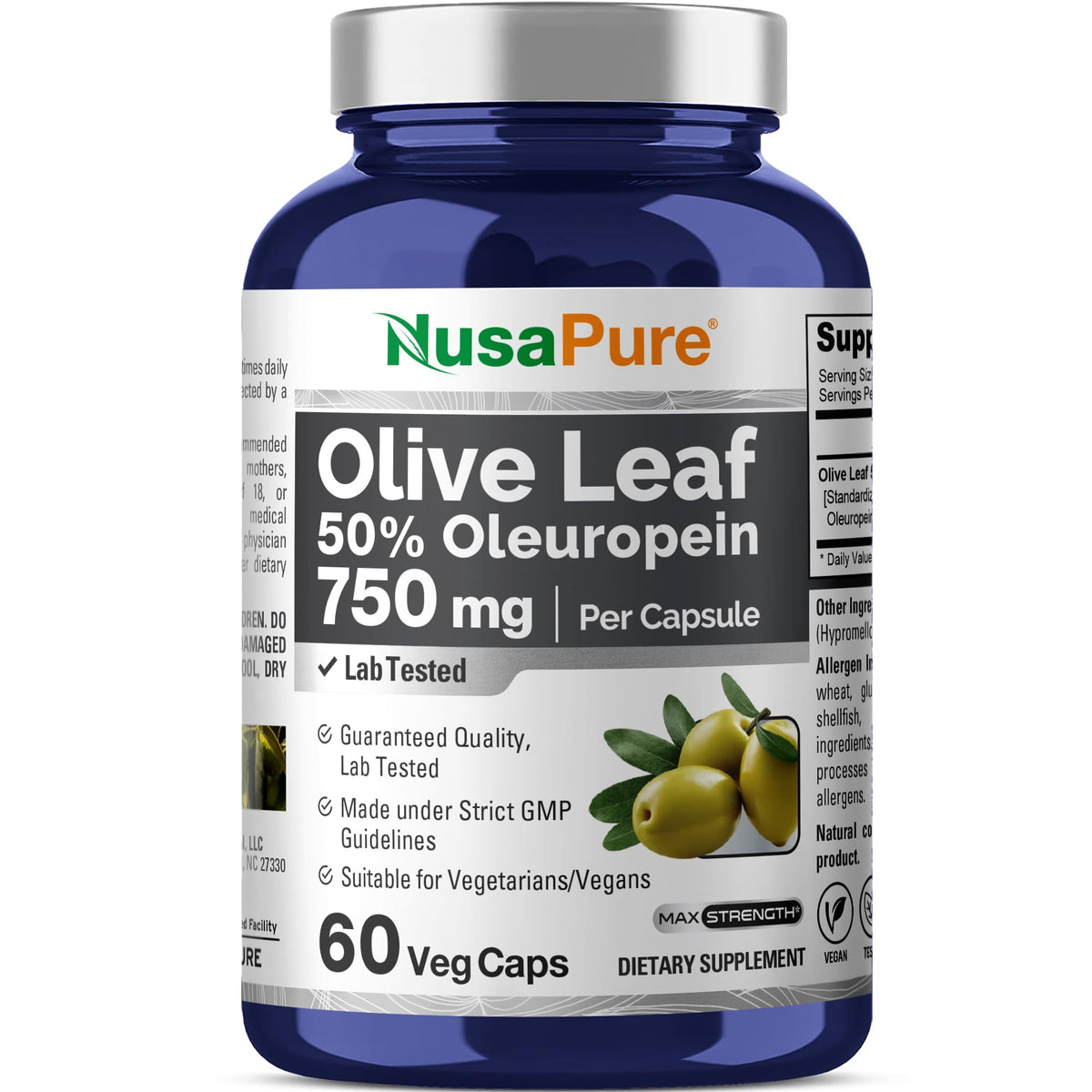 NusaPure Olive Leaf Extract 750mg bottle label highlights 50% oleuropein for daily use.