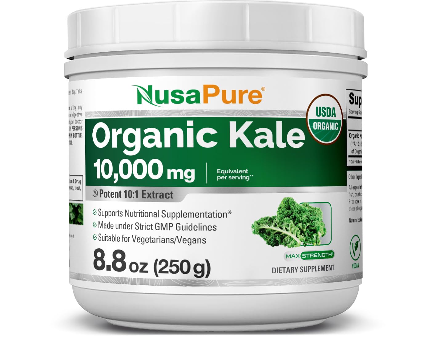NusaPure Organic Kale Powder Extract bottle showing 10:1 potency for convenient daily use.