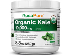 NusaPure Organic Kale Powder Extract bottle showing 10:1 potency for convenient daily use.