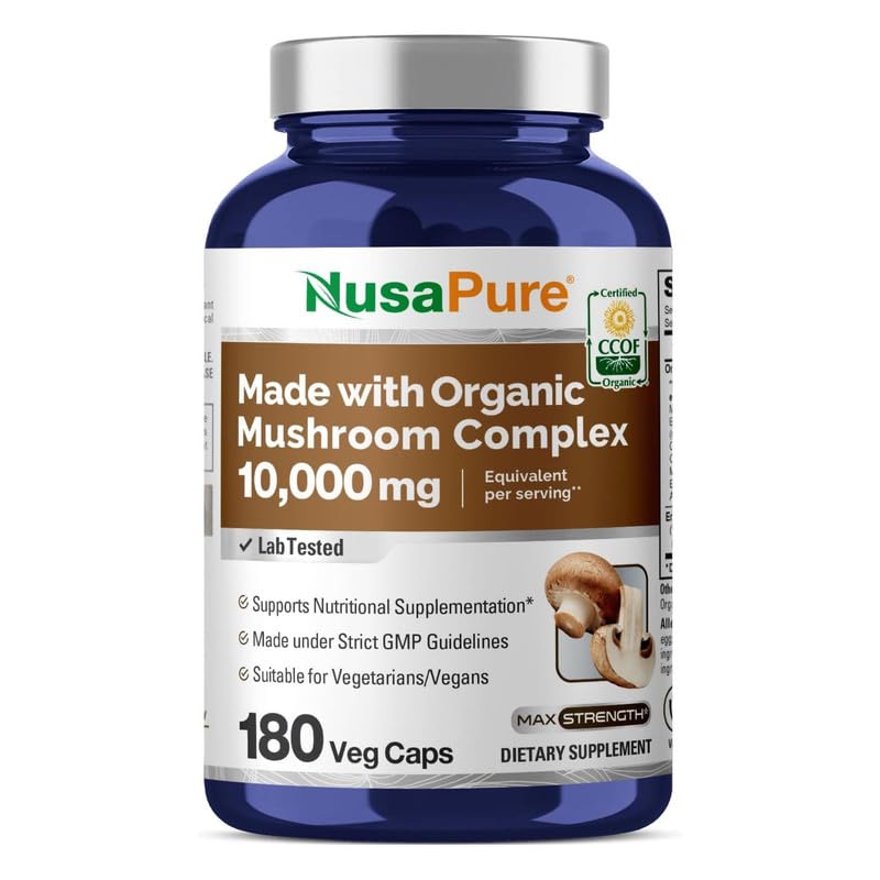 NusaPure Organic Mushroom Complex bottle for convenient daily supplementation.