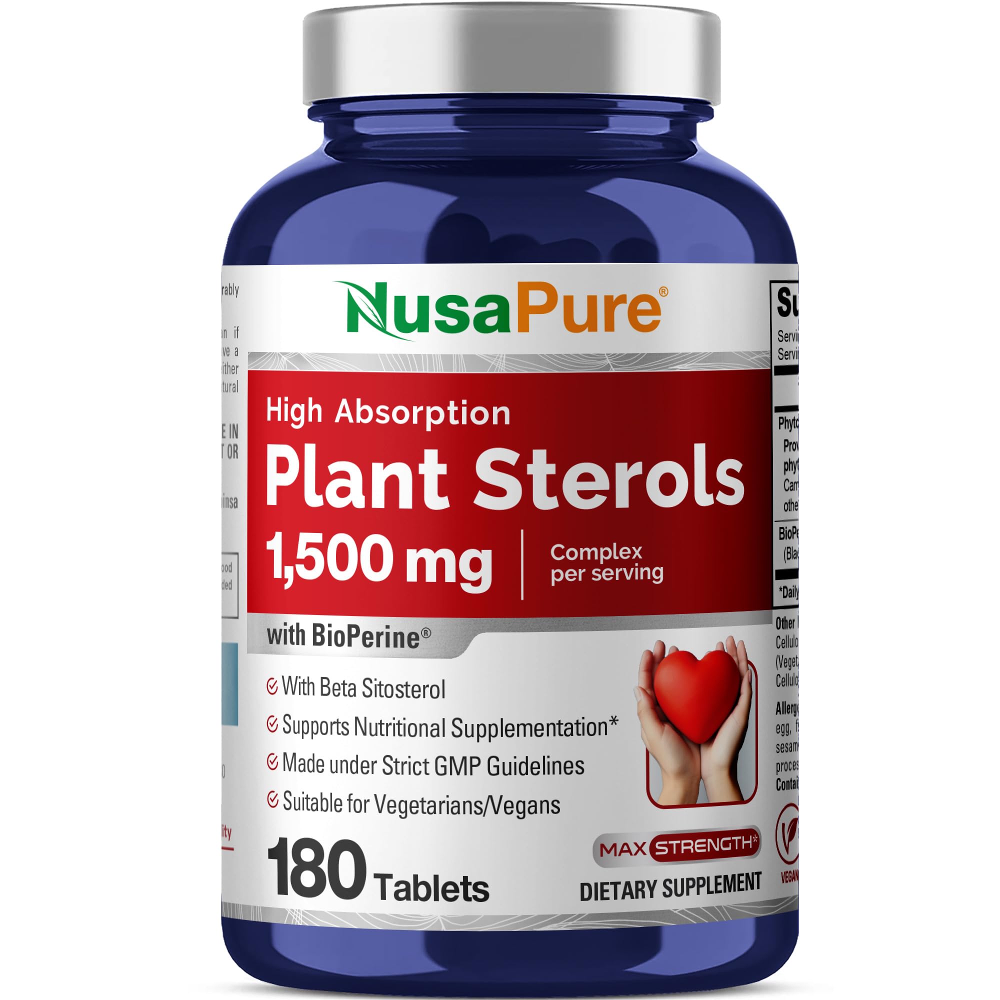 NusaPure Plant Sterols bottle label shows 1500 mg per serving for everyday wellness