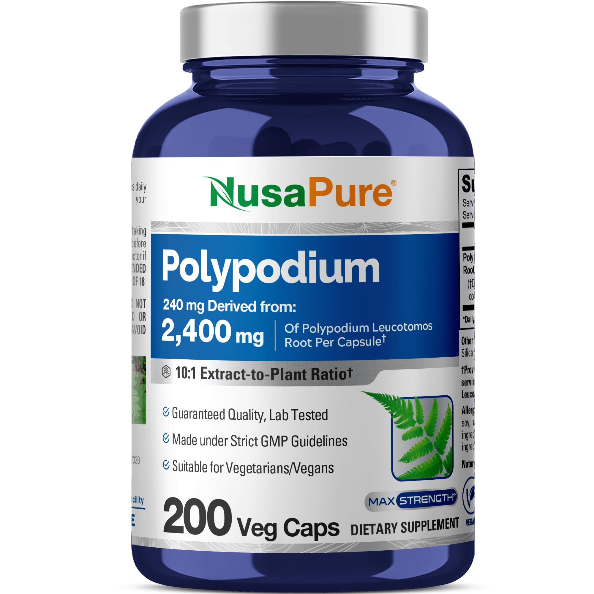 NusaPure Polypodium Leucotomos bottle showing 10:1 extract for daily use