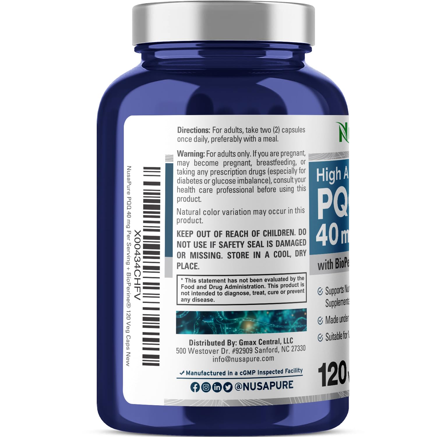 NusaPure PQQ 120 capsules, 60-day supply.