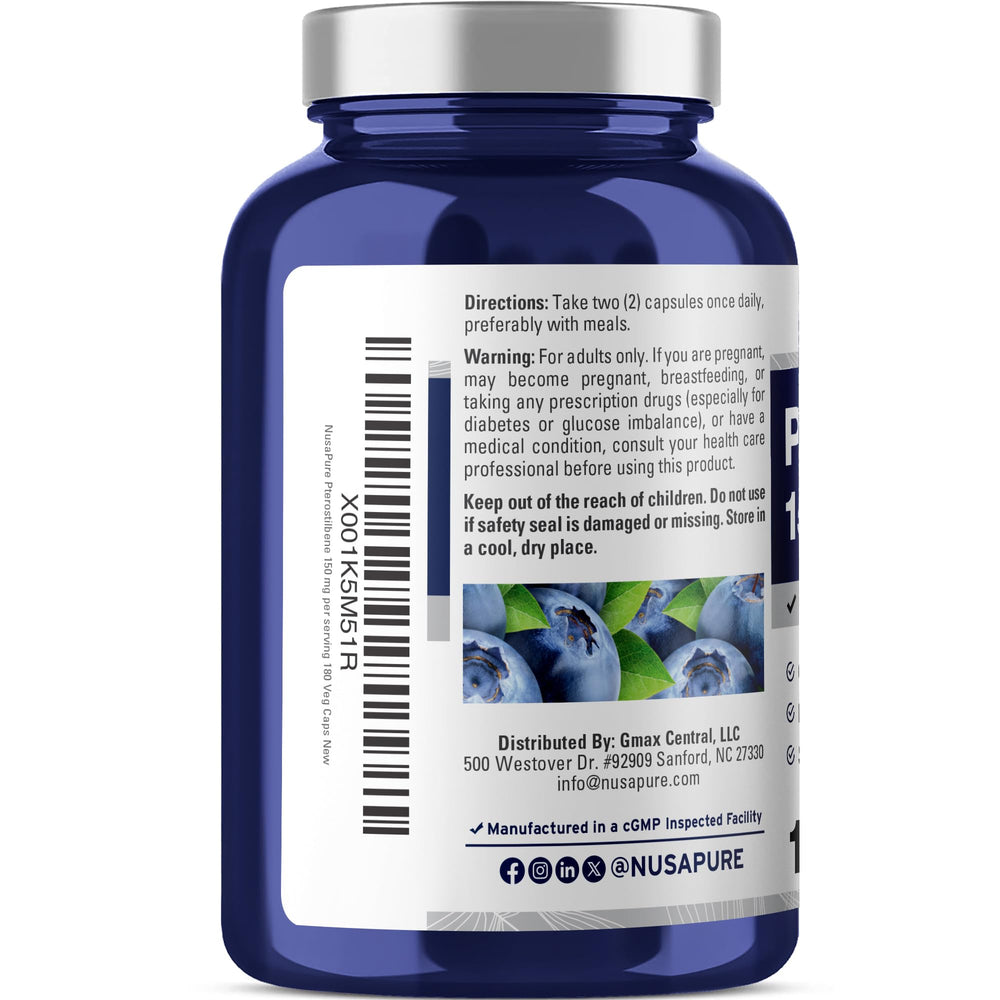 NusaPure Pterostilbene label closeup emphasizes quality sourcing and ingredients.